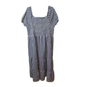 Cato Est 1946 Womens 26/28W Smocked Tiered Check Dress Blue White Peasant Pullon